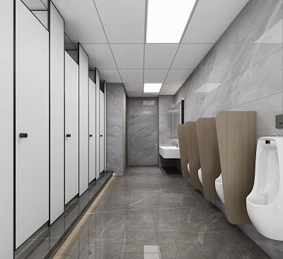 Modern Public Men Bathroom Interior Design With Grey Marble Tiles Toilet Stalls And Urinals 3d model
