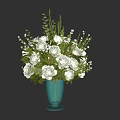 Glass Vase Arrangement With White Roses Green Leaves And Small Flowers