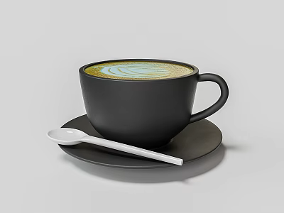 Modern Tableware Set With Black Cup Saucer White Spoon And Latte Art 3d model