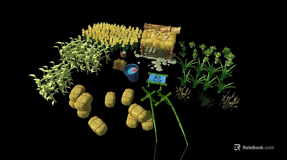 Cartoon Farm Scene With Thatched Cottage Cornfield Straw Bales And Sugarcane 3d model 