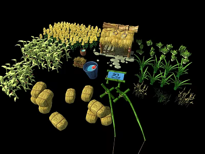 Cartoon Farm Scene With Thatched Cottage Cornfield Straw Bales And Sugarcane 3d model