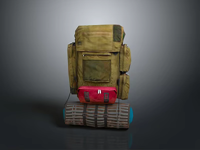 Durable Khaki Backpack With Red Pouch Multiple Pockets And Roller Base 3d model