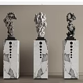 Stone Wood Sculptures On Marble Pedestals For Modern Art Decor
