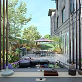 Serene Courtyard Garden With Koi Pond Lush Flowers Outdoor Grill And Wooden Deck