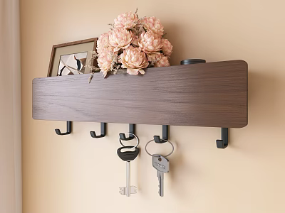 Wall Mounted Wooden Shelf With Hooks For Keys And Pink Flowers Decor 3d model