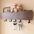 Wall Mounted Wooden Shelf With Hooks For Keys And Pink Flowers Decor
