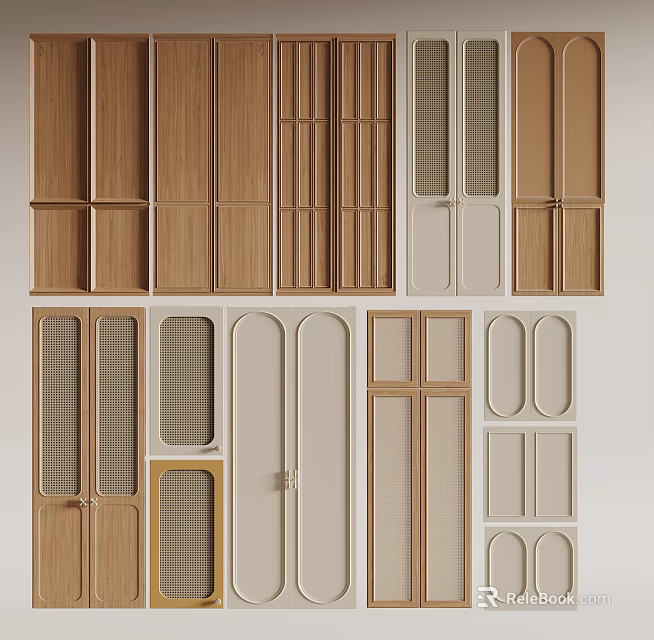 Diverse Cabinet Door Designs Featuring Wooden Beige White Panels And Arched Grid Patterns 3d model 