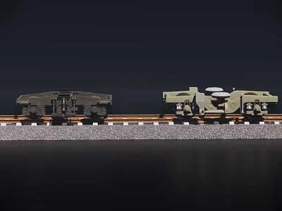Green and Dark Colored Model Train Carriages on Railroad Track with Structural Details 3d model