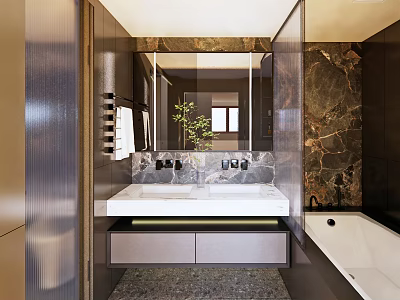 Modern Bathroom Interior Design With Double Vanity Large Mirror Marble Walls And Bathtub 3d model