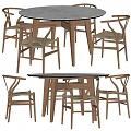 Stylish Wooden Dining Table Set With Marble Top And Comfortable Backrest Chairs 3d model