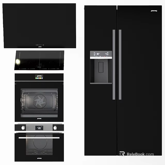 Stylish Black Kitchen Appliances Including Range Hood Oven And Refrigerator For Modern Home 3d model 