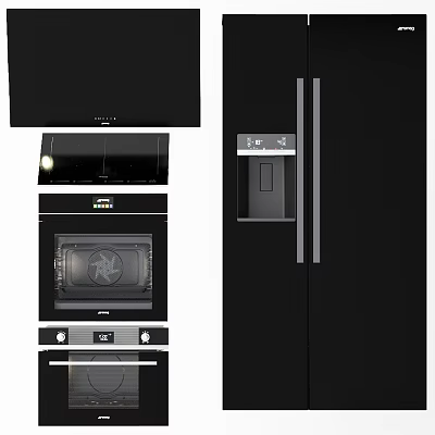 Stylish Black Kitchen Appliances Including Range Hood Oven And Refrigerator For Modern Home 3d model