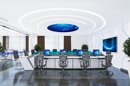 Modern monitoring room Command control room Dispatching command center Monitoring hall Command hall Office desks and chairs 3d model