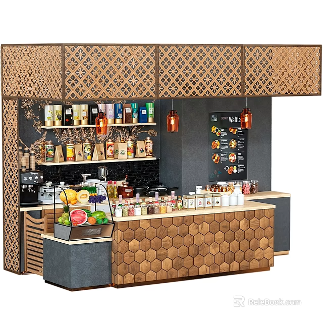 Commercial Bar Equipment Featuring Counter Shelves Drink Bottles Fruits Menu Board And Decorative Lights 3d model 