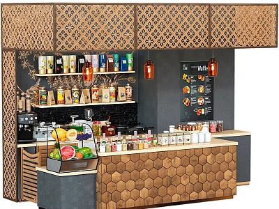 Commercial Bar Equipment Featuring Counter Shelves Drink Bottles Fruits Menu Board And Decorative Lights 3d model