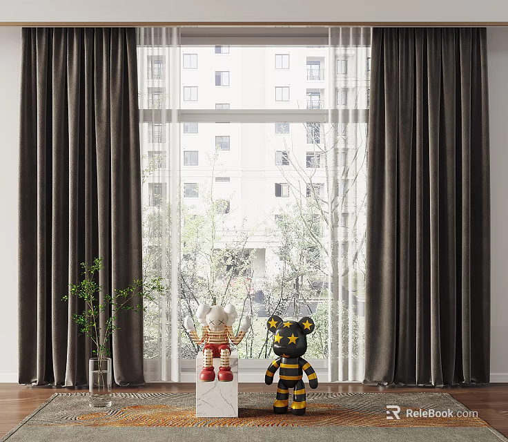 Dark Gray Velvet Curtains in Modern Living Room with Large Window and Indoor Plants 3d model 