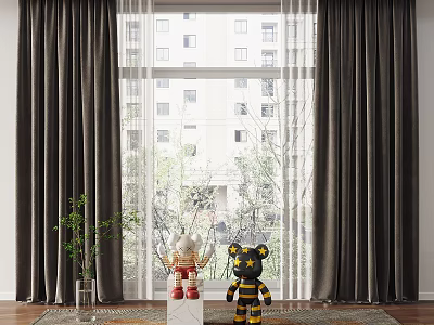 Dark Gray Velvet Curtains in Modern Living Room with Large Window and Indoor Plants 3d model