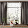 Dark Gray Velvet Curtains in Modern Living Room with Large Window and Indoor Plants