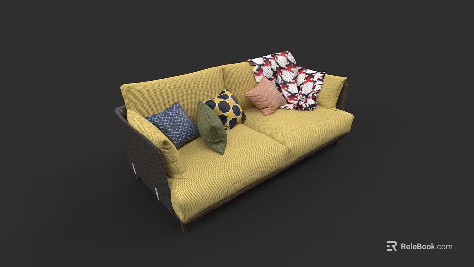 Yellow Two Seater Sofa With Colorful Throw Pillows And Patterned Blanket 3d model 