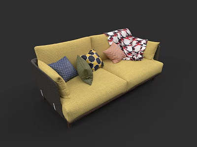 Yellow Two Seater Sofa With Colorful Throw Pillows And Patterned Blanket 3d model