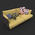 Yellow Two Seater Sofa With Colorful Throw Pillows And Patterned Blanket
