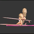 Blonde Dolls In Pink Swimwear Sitting On Pink Striped Mat And Gold Accent Surfboard