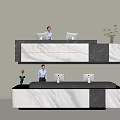 Modern Front Desk Reception with Marble Countertop Two Computer Monitors Staff Standing and Decorative Plant