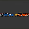 Four Colorful Sports Cars With Rear Spoilers In White Yellow Blue Orange