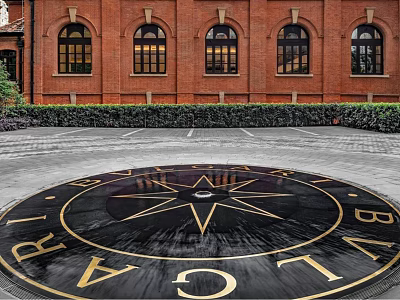 Circular Garden Ornament With Trimmed Hedges And Arched Red Brick Building Background 3d model