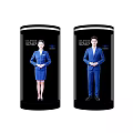 DP Device Transparent Cylinder Design With Male Female Blue Professional Attire Figures And Black Base