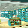 Turquoise Specialty Store With Shelves Filled Products Large Billboards Display Cabinets And Pendant Lights