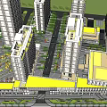 Modern Commercial Complex Featuring Glass Curtain Wall High Rise Greenery Pedestrians And Vehicles