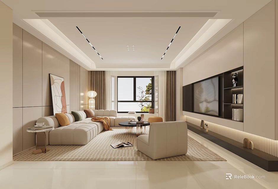 Modern Living Dining Room Interior Design With Beige Sofa Armchair TV Wall And Decorative Painting 3d model 