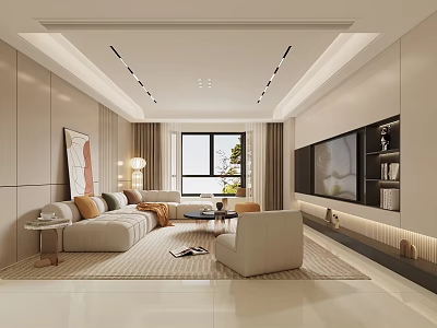 Modern Living Dining Room Interior Design With Beige Sofa Armchair TV Wall And Decorative Painting 3d model