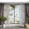 Elegant Gray White Curtains Interior With Tree View Indoor Plant And Soft Rug
