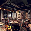 Vintage Industrial Restaurant Interior With Wooden Walls Leather Seats And Lifebuoy Decor