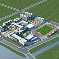 School Campus Buildings Featuring Multiple Structures Football Field Green Lawn And Road Layout