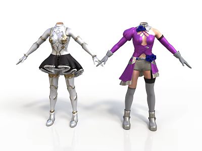 Two Character Outfits With White Gold Armor And Purple Costume Design Elements 3d model