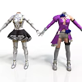 Two Character Outfits With White Gold Armor And Purple Costume Design Elements