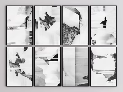 Eight Framed Black and White Abstract Artworks Arranged in Two Rows Four Columns 3d model
