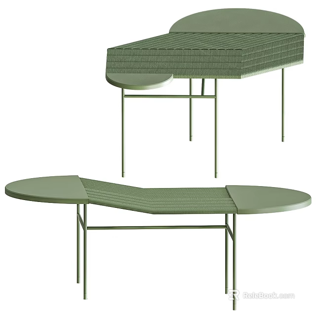 Modern Green Dining Table With Curved Woven Tabletop And Slim Metal Legs Design 3d model 