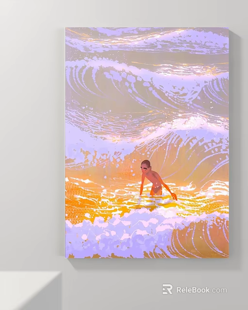 Vibrant Landscape Painting With Boy In Ocean Waves And Purple Orange Hues 3d model 