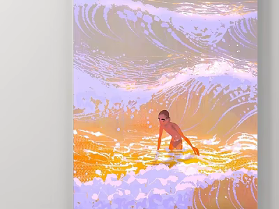 Vibrant Landscape Painting With Boy In Ocean Waves And Purple Orange Hues 3d model
