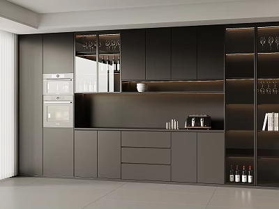 Modern Dark Gray Wine Cabinet with Glass Doors Wine Glass Holders and Storage Drawers 3d model