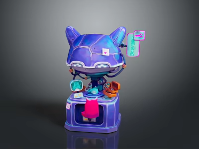 Purple Cat Ear Robot Character With Small Screens Tools Pink Apron And Colorful Accessories 3d model