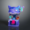 Purple Cat Ear Robot Character With Small Screens Tools Pink Apron And Colorful Accessories