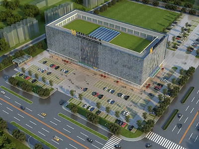 Aerial Planning of Modern Urban Building With Green Roof And Parking Area 3d model