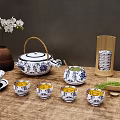 Blue And White Tea Set Including Teapot Cups Bowls With Green Tea And Bamboo Container
