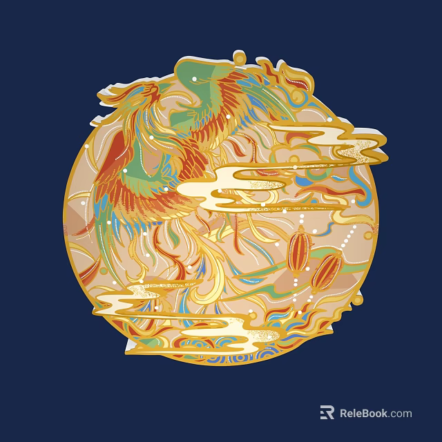 Colorful Circular Wall Decor With Phoenix And Golden Cloud Patterns 3d model 