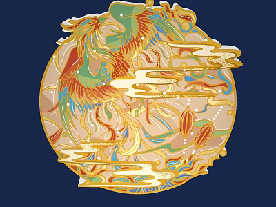 Colorful Circular Wall Decor With Phoenix And Golden Cloud Patterns 3d model